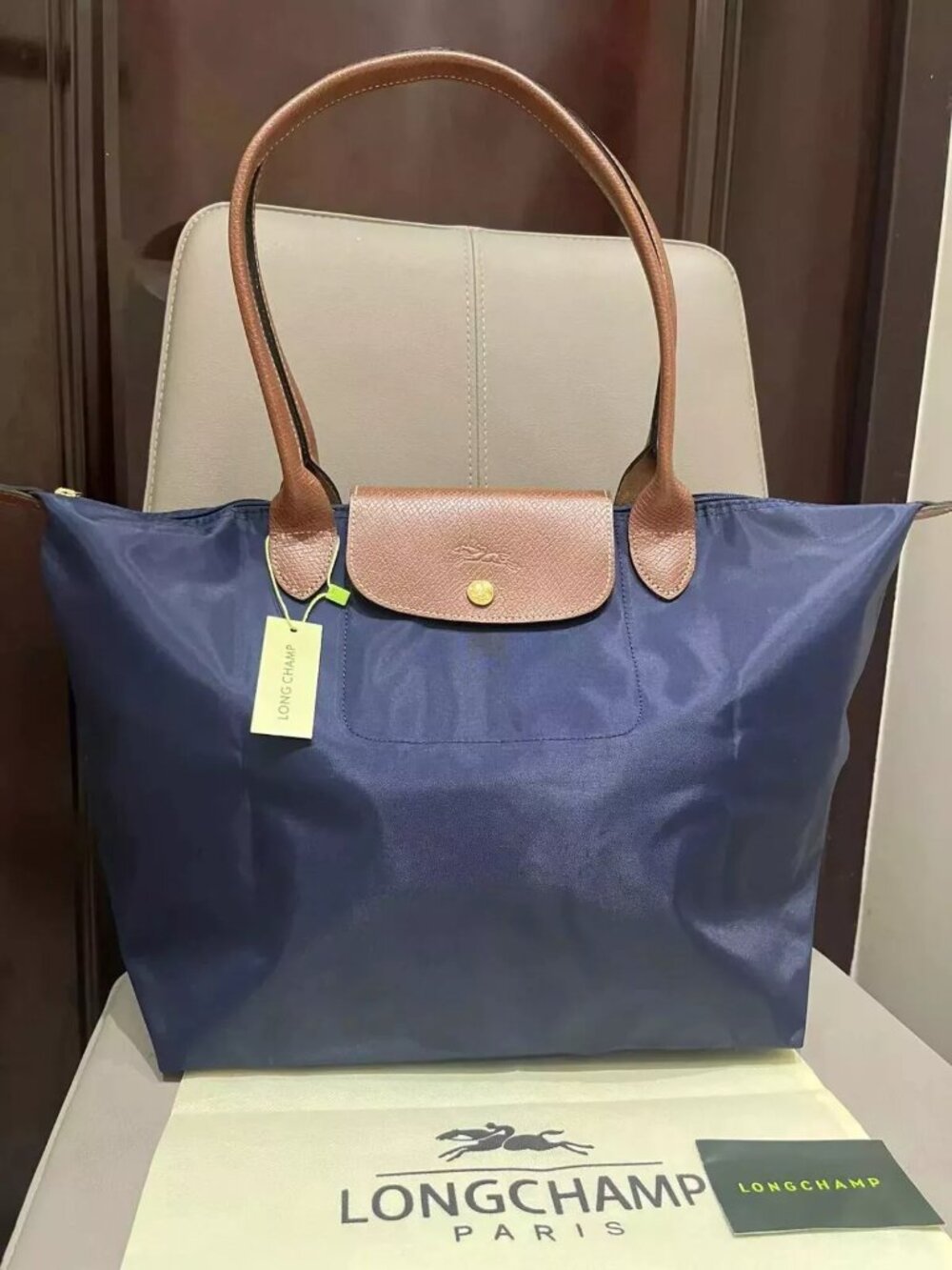 Longchamp Navy Blue Nylon Tote with Brown Leather Trim